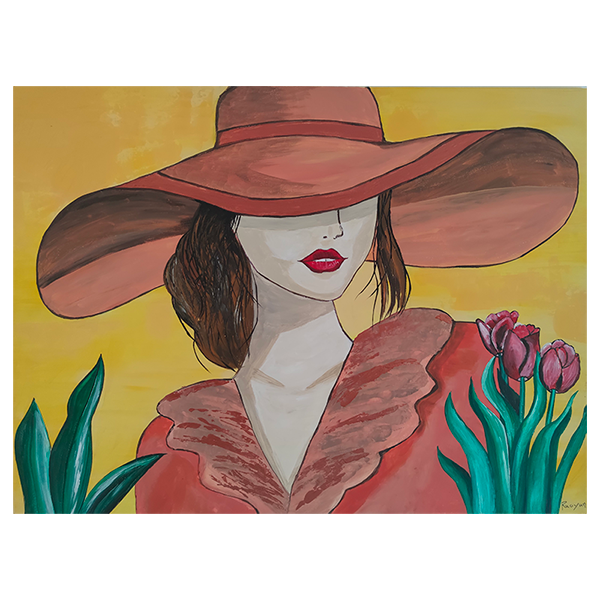 Tableau moderne femme au chapeau, peinture acrylique